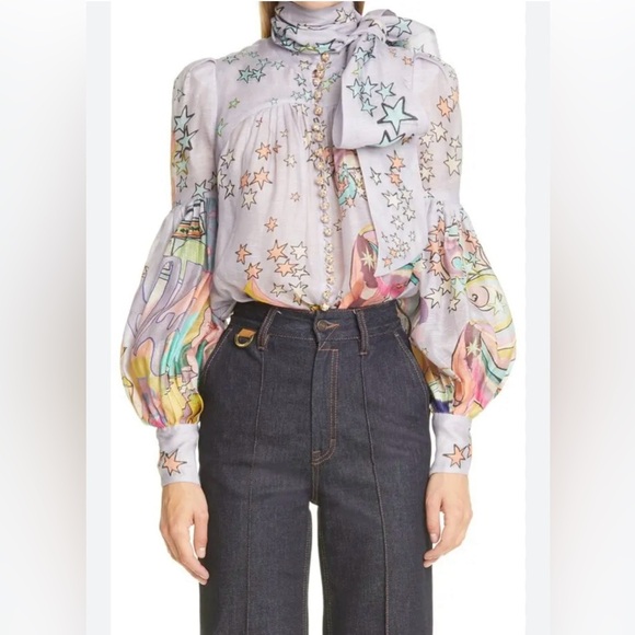 NWOT Zimmermann Concert Tie Neck Concert Lilac Collage Blouse Size XS/ AU 0 RARE - Picture 7 of 13